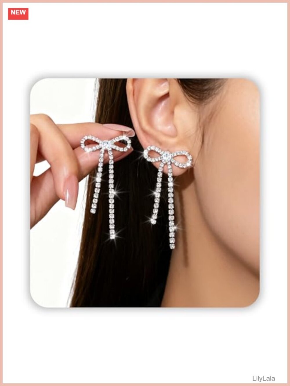 Silver Bow Dangle Earrings Rhinestone Chandelier Prom Jewelry
